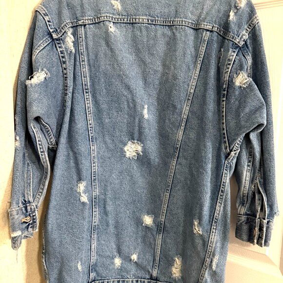 Zara Trafaluc Oversized Distressed Longline Denim Jacket Sz M Ripped Grunge 90s‎ - Picture 3 of 7
